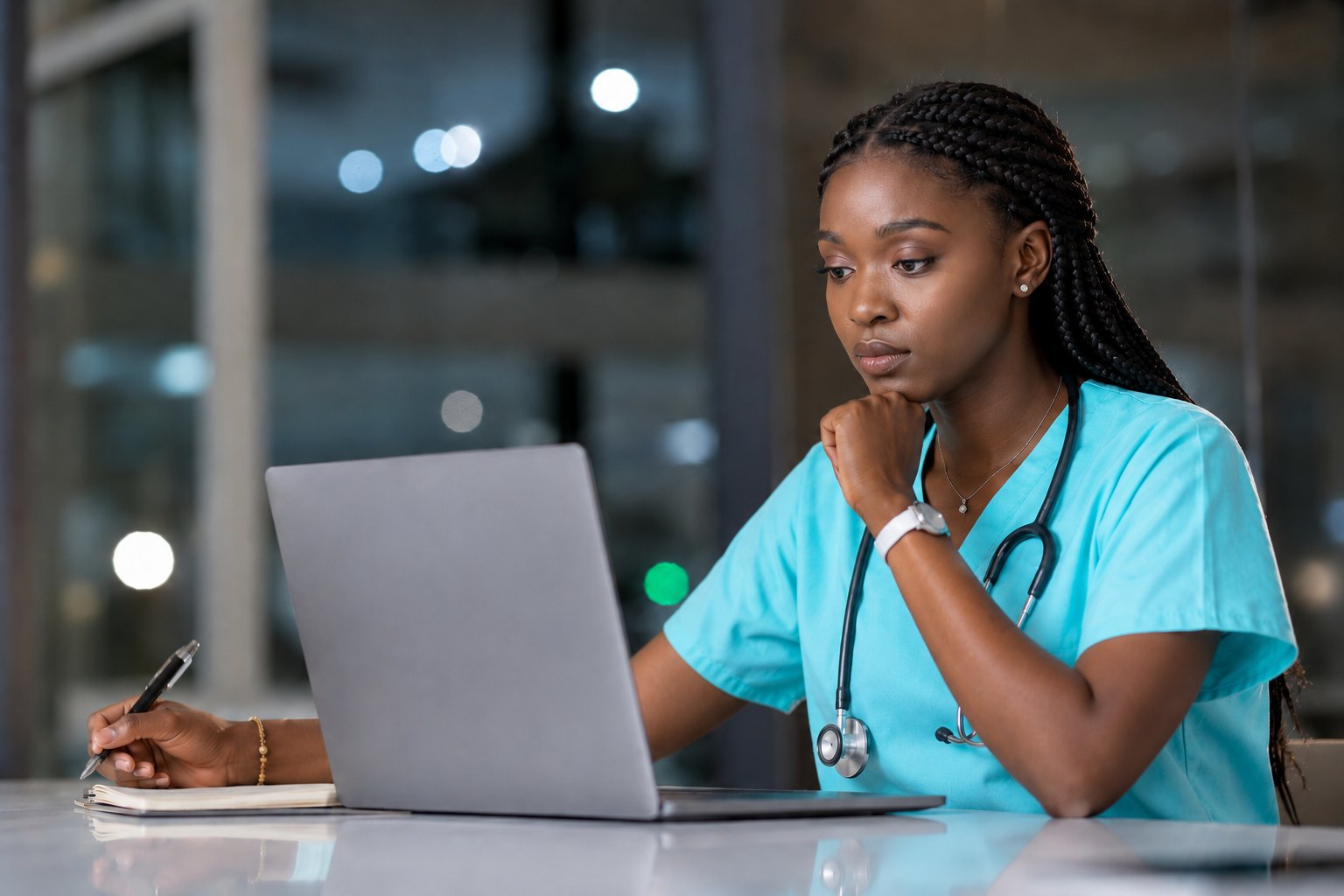 A doctor in scrubs studying on a laptop